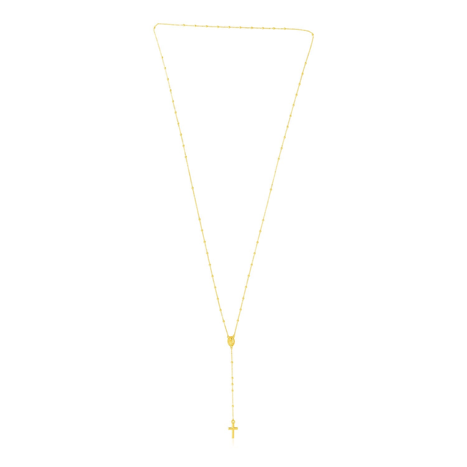 14k Yellow Gold Rosary Necklace in a sleek high-contrast midnight luxury editorial style